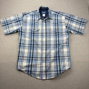 Vintage 90s Wrangler‎ Pearl Snap Western Heavyweight Twill Shirt Mens L Blue SS